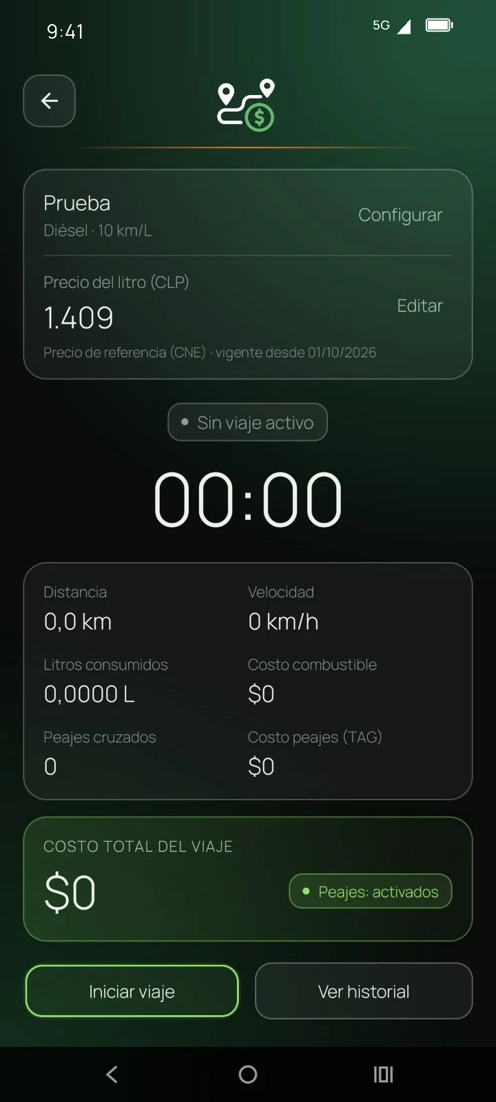 Pantalla de Cálculo de costo de viaje, lista para iniciar un viaje