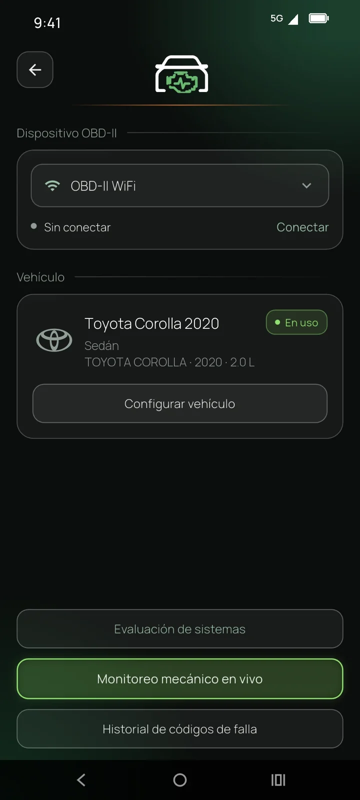 Pantalla de Diagnóstico mecánico: dispositivo OBD-II y vehículo