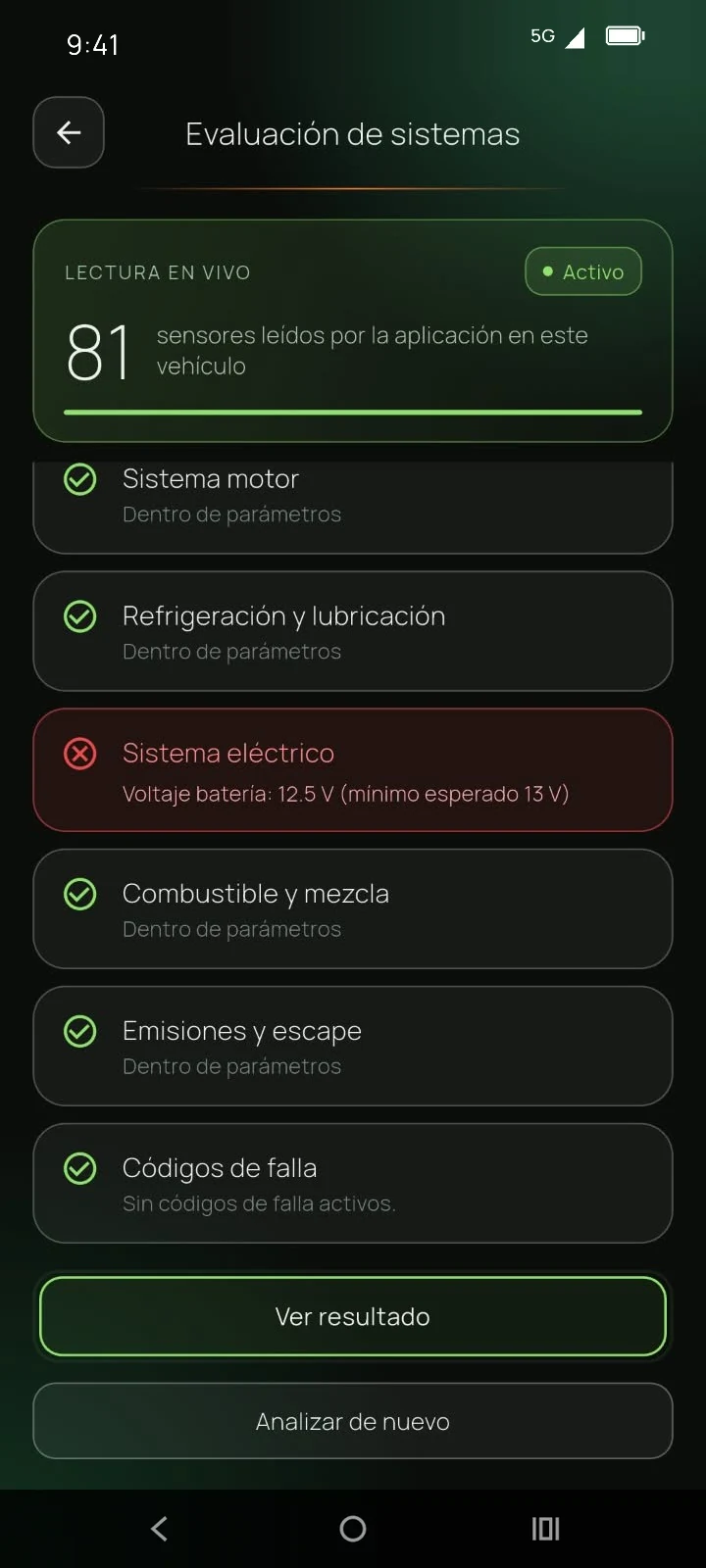 Evaluación de sistemas: 81 sensores leídos y el resultado de cada sistema