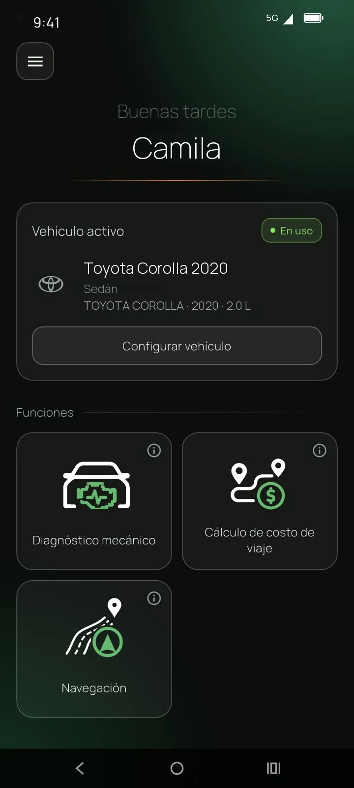 Pantalla de inicio de CAELUS DRIVE con el vehículo activo y las funciones Diagnóstico mecánico, Cálculo de costo de viaje y Navegación