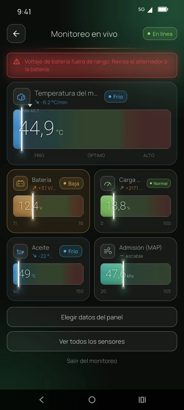 Monitoreo en vivo: panel de instrumentos con la temperatura del motor, la batería, la carga del motor, el aceite y la admisión