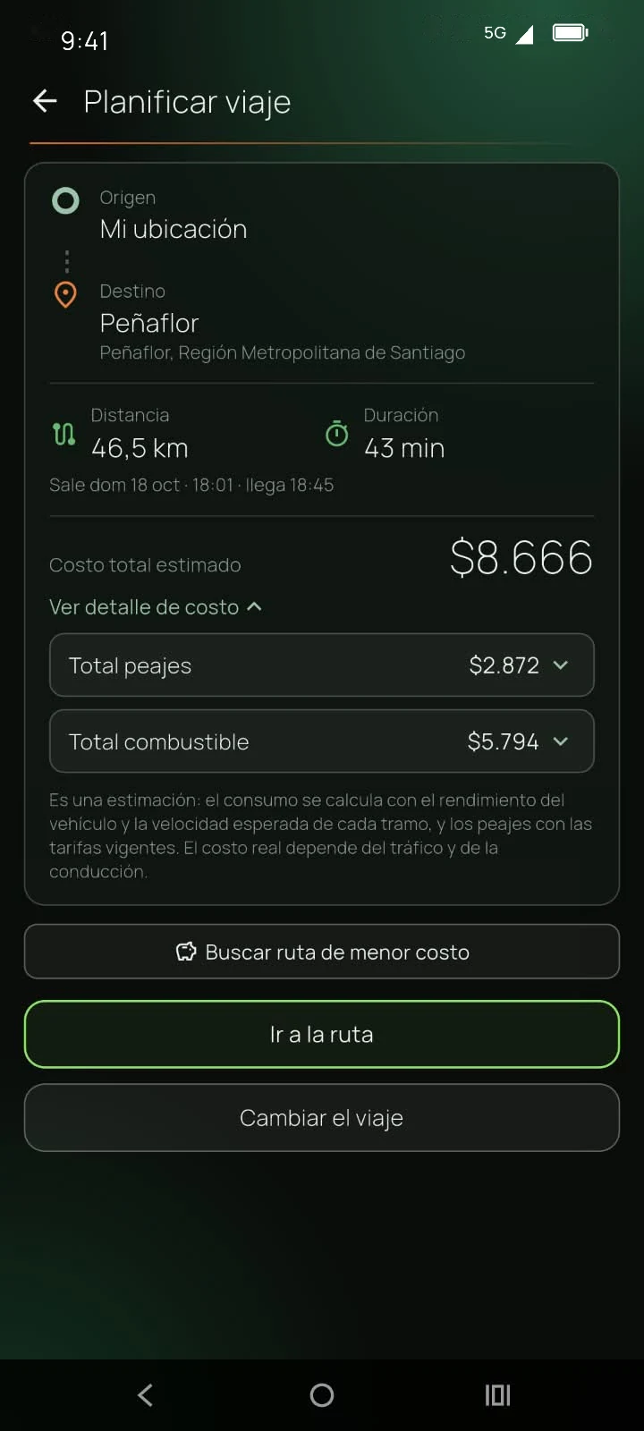 Planificar viaje: origen, destino, fecha y hora de salida, distancia, duración y costo con peajes y combustible