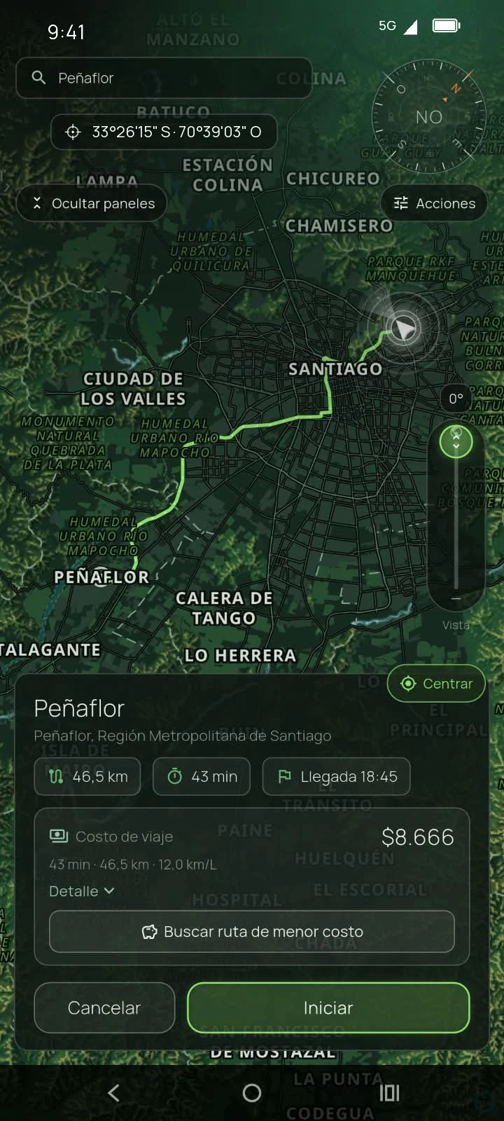 Vista previa de la ruta en el mapa con distancia, duración, hora de llegada y costo estimado del viaje