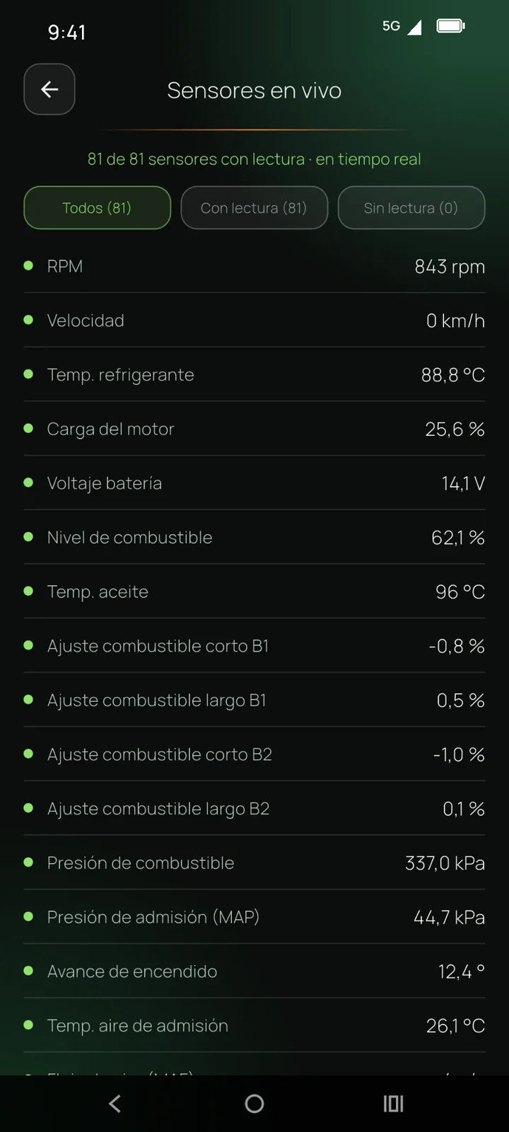 Sensores en vivo con 81 lecturas
